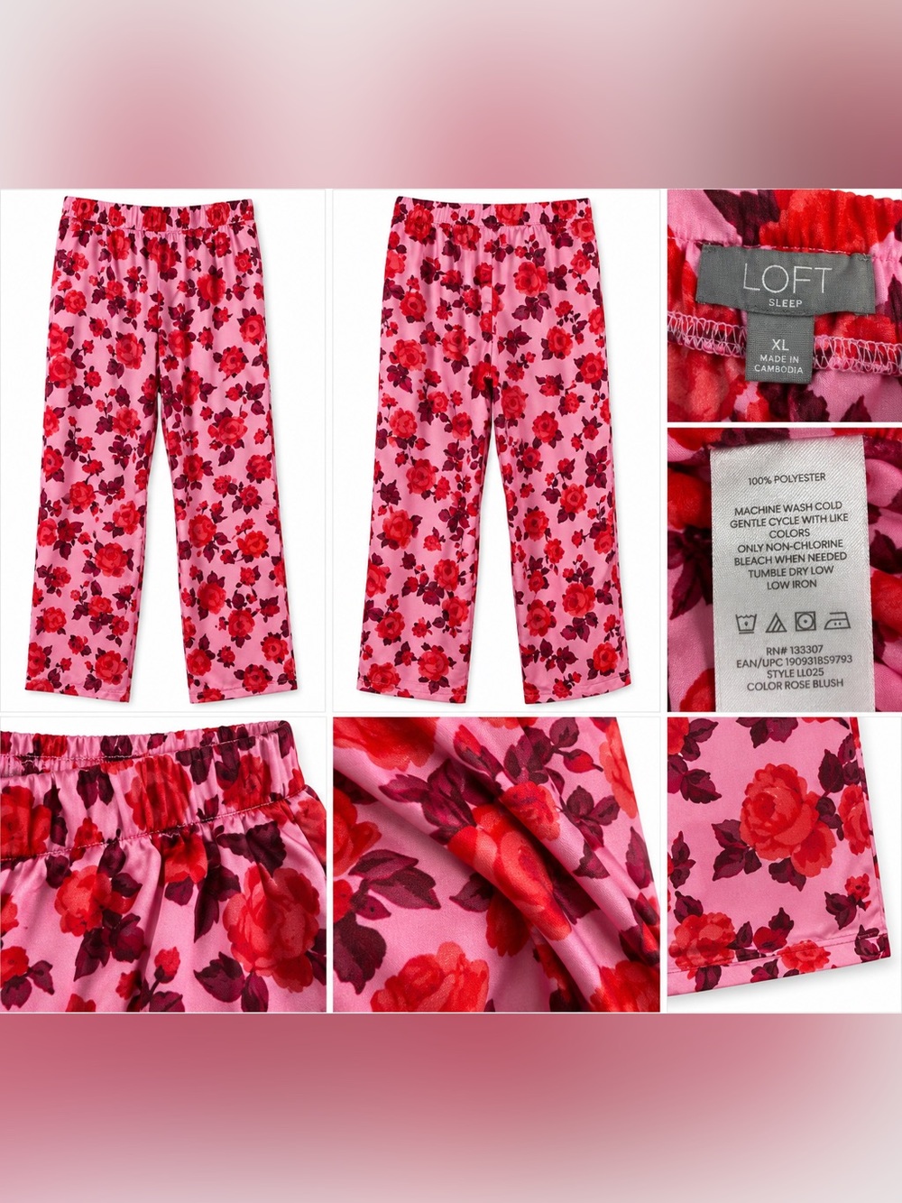 LOFT Rose Blush Floral Satin Pajama Pants XL